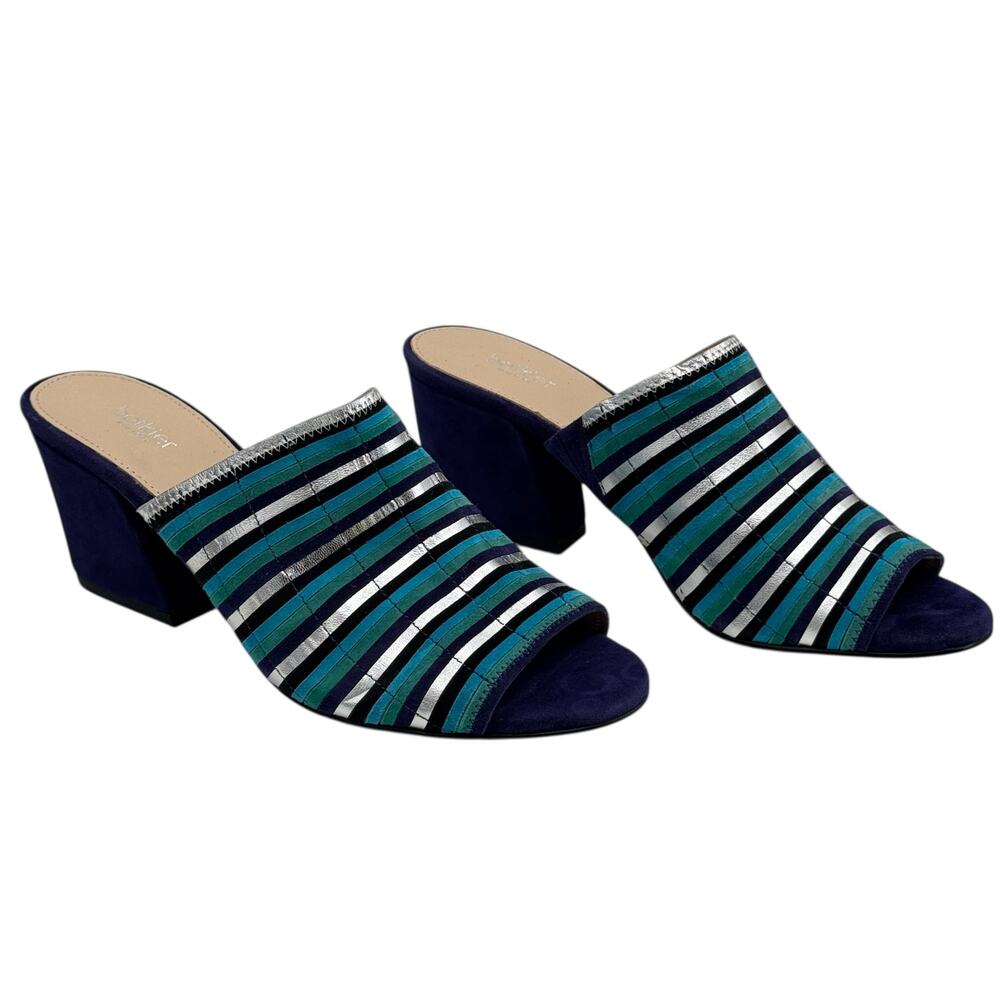 Botkier Posie Mule Sandal 8 Womens Blue Leather Suede Silver Metallic Heel NEW